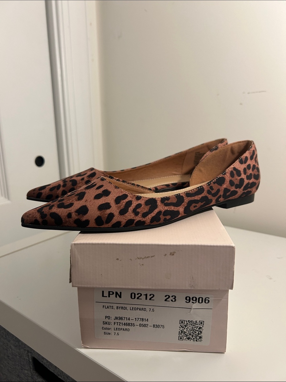 JustFab Leopard Print Pointed Toe Flats - Brown/Black